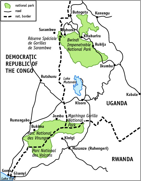Map showing location of mountain gorillas in Africa